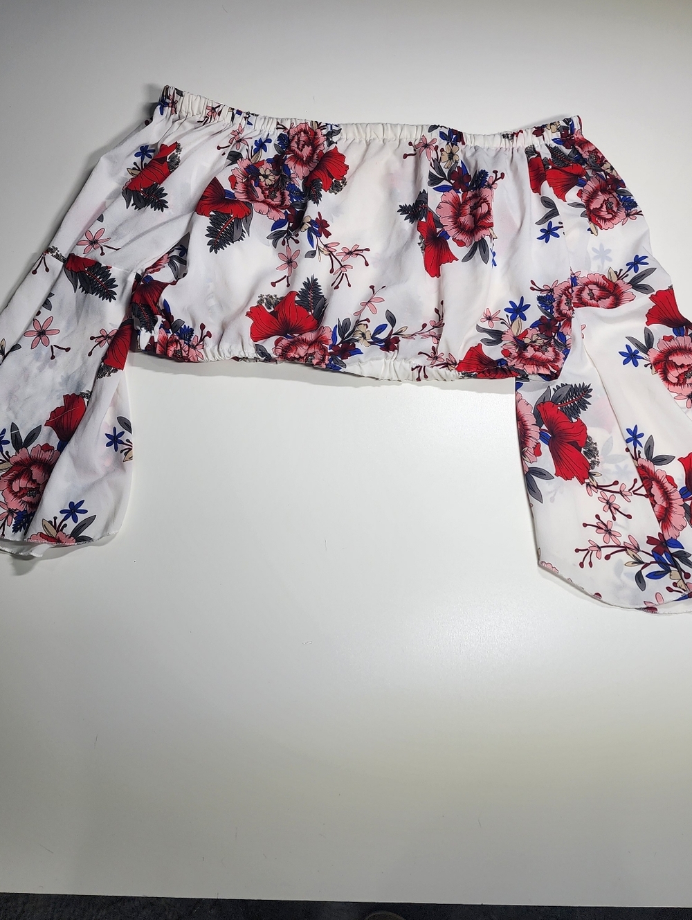 Floral Off Shoulder Crop Top Bell Sleeve Boho Festival Blouse 2XL
